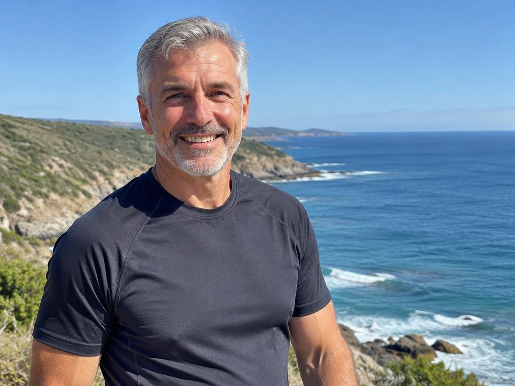 Smiling grey-haired man outdoors by the sea