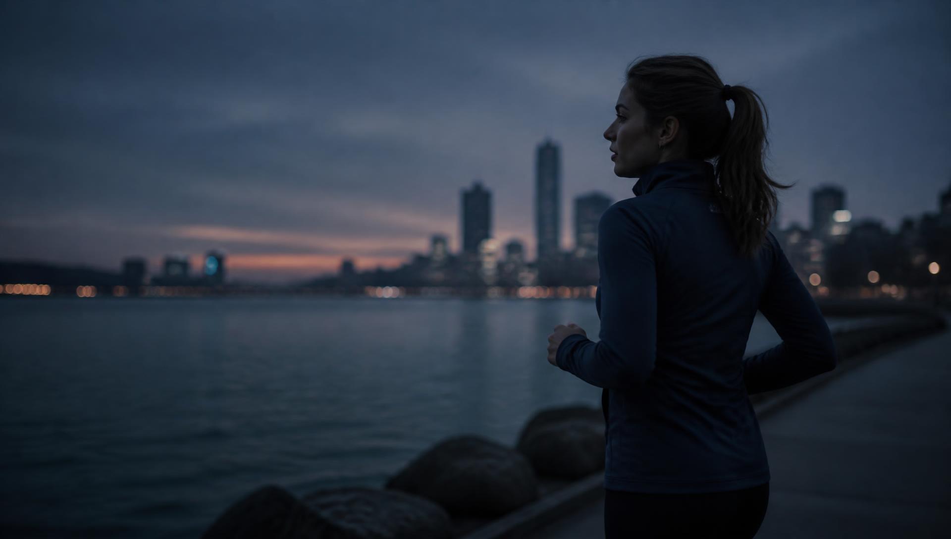 Woman jogging along a waterfront at dusk