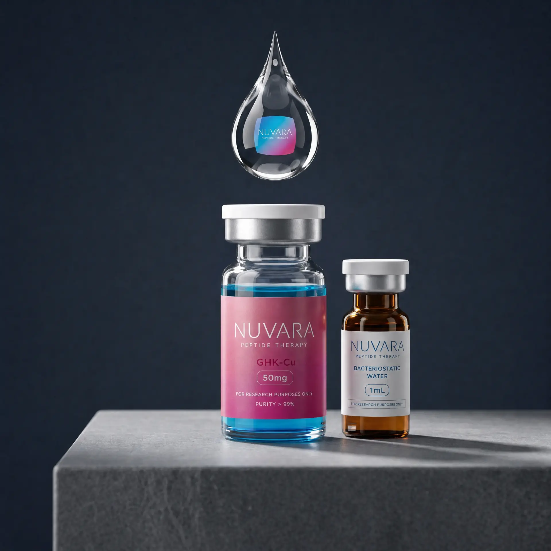 Nuvara GHK-Cu 50mg vial and bacteriostatic water on a stone pedestal