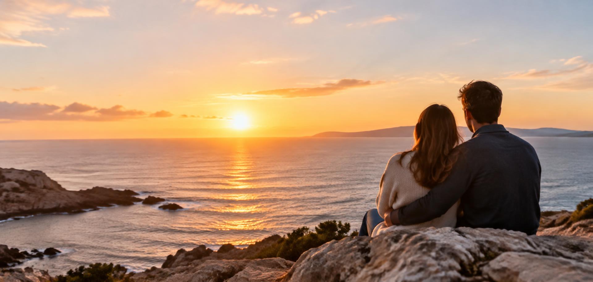 Couple seen from behind sitting on coastal rocks watching a sunset over the sea