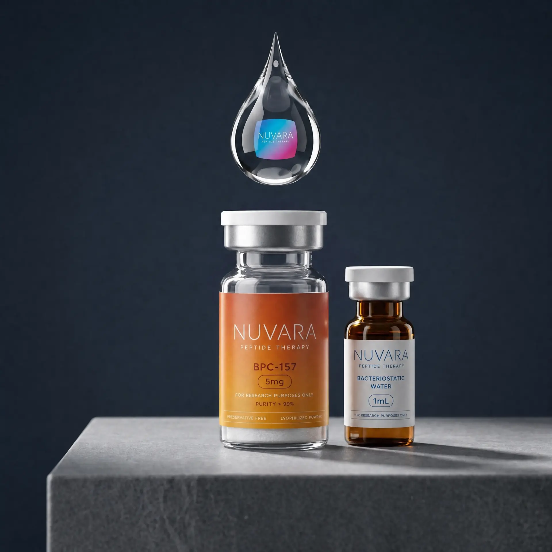 Nuvara BPC-157 peptide vial beside a bacteriostatic water vial