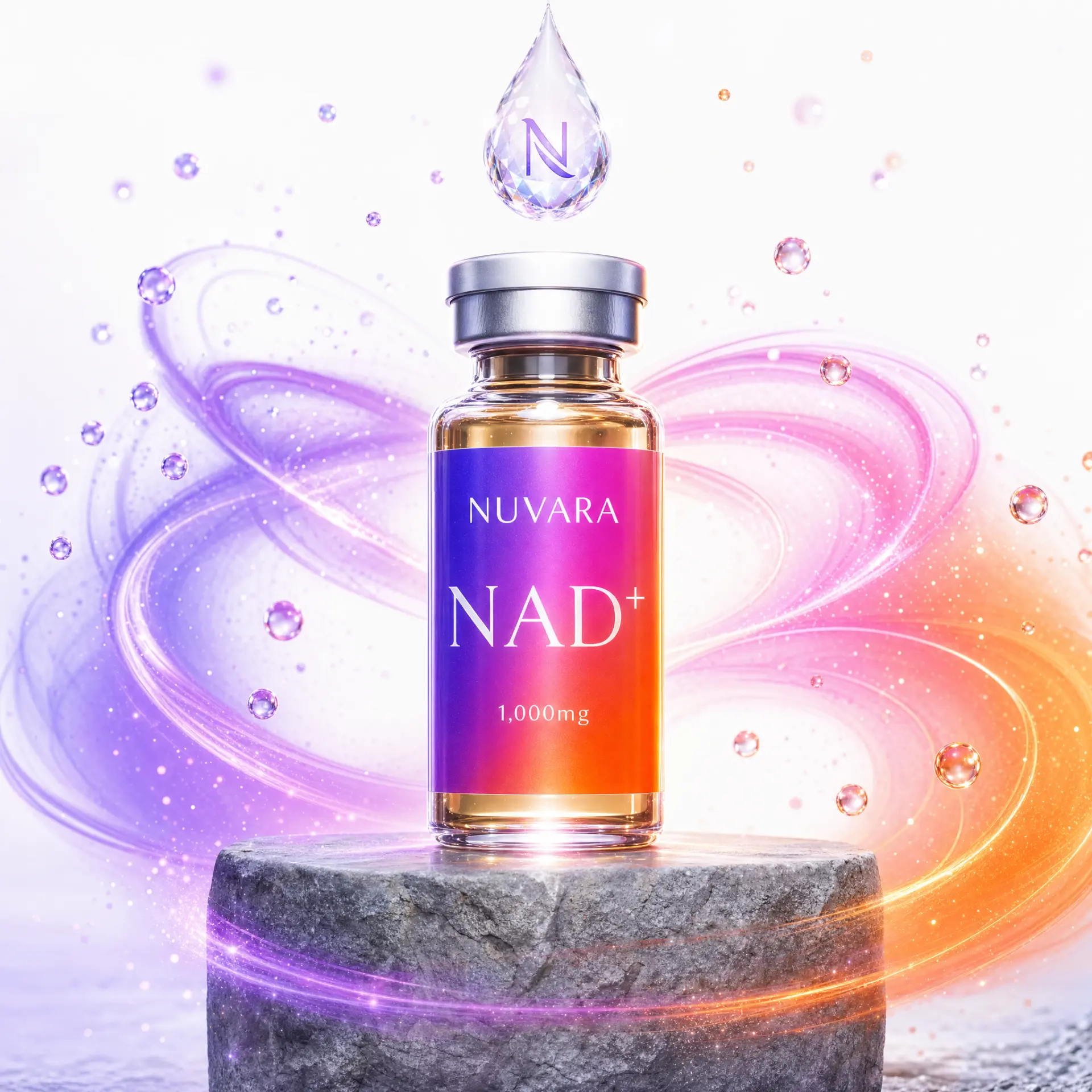 Nuvara NAD+ 1,000mg vial on a stone pedestal