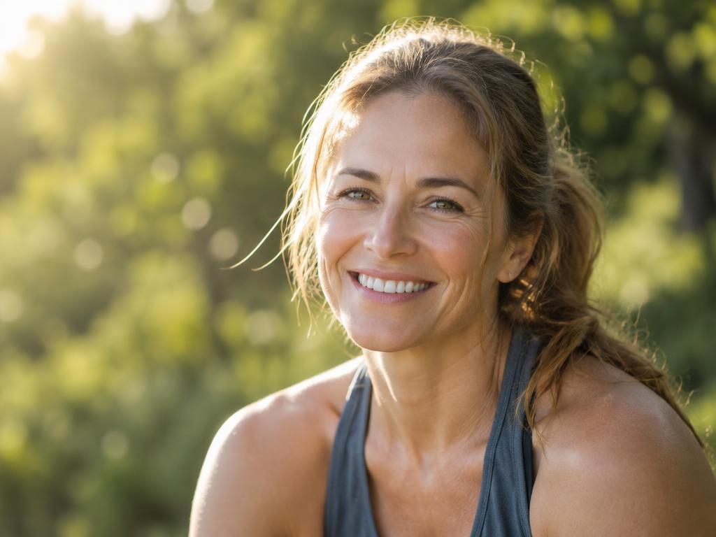 Smiling woman outdoors in warm sunlight