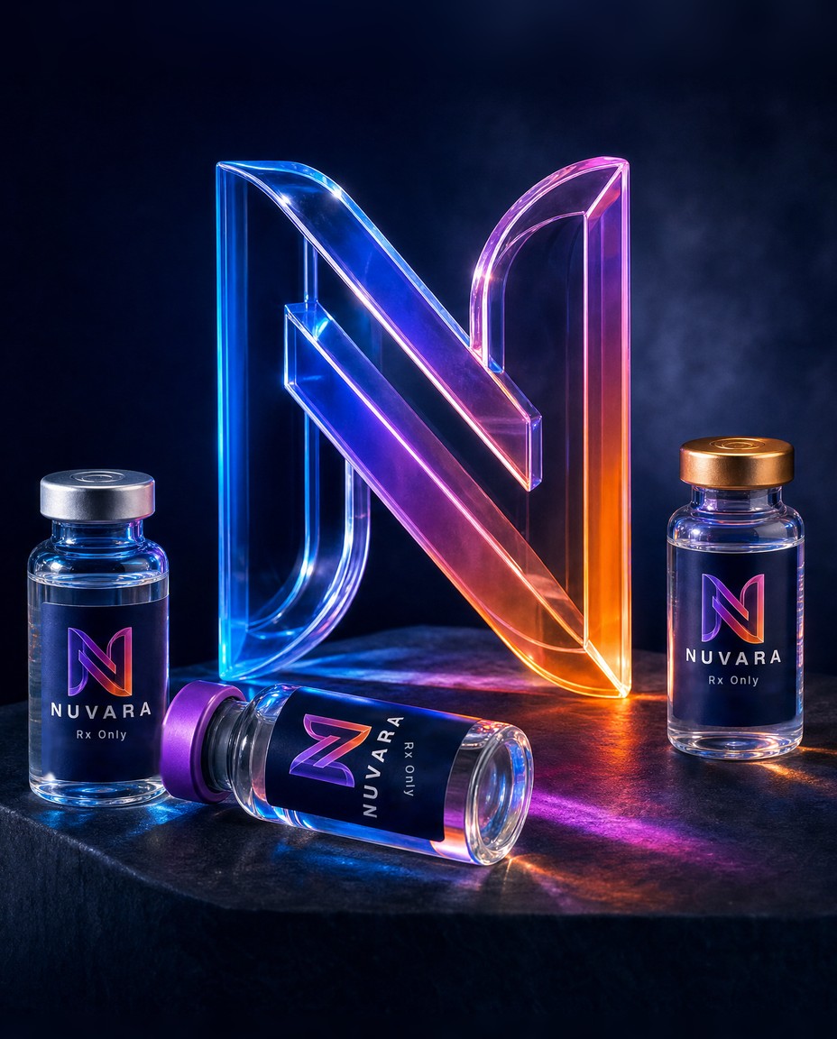 Three NUVARA vials arranged around a glowing glass N on a dark stone ledge
