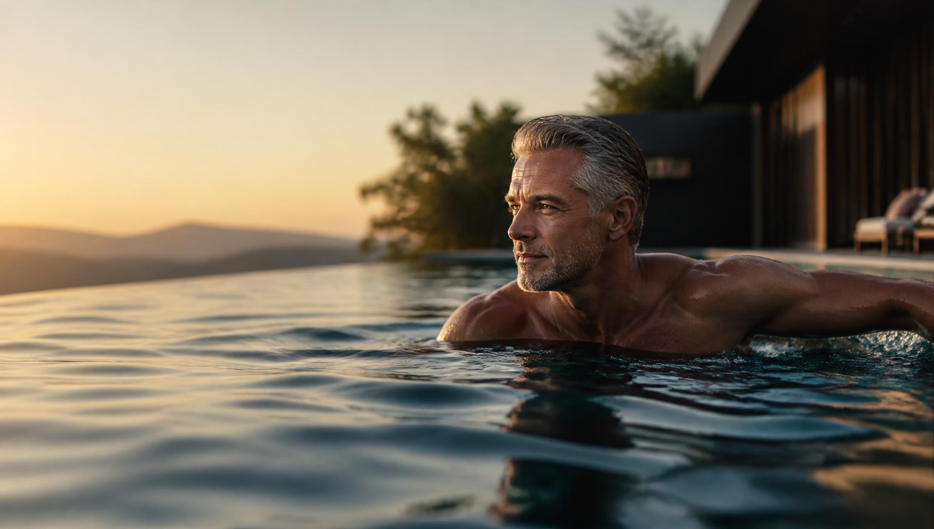 Man in his fifties swimming in an outdoor pool at golden hour